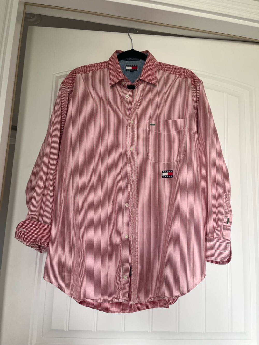 Vintage Tommy Hilfiger Men’s Red and White Stripe Button-Down Shirt